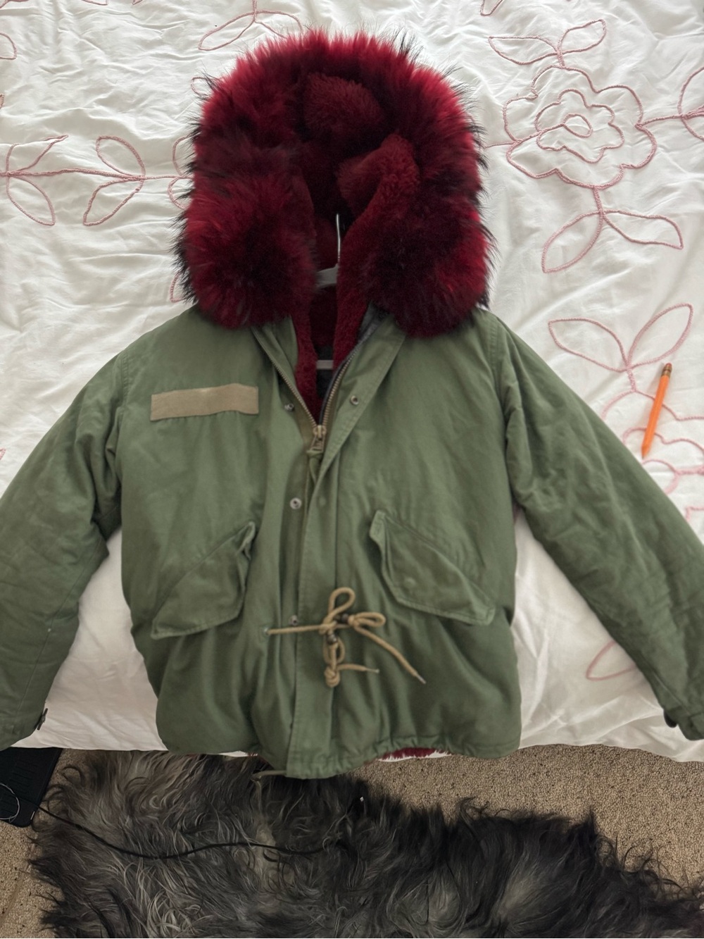 Mr and Mrs Italy Olive Green Jacket with Deep Red Fur Hood
